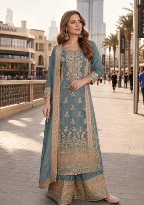 Grey Embroidered Silk Pakistani Suit