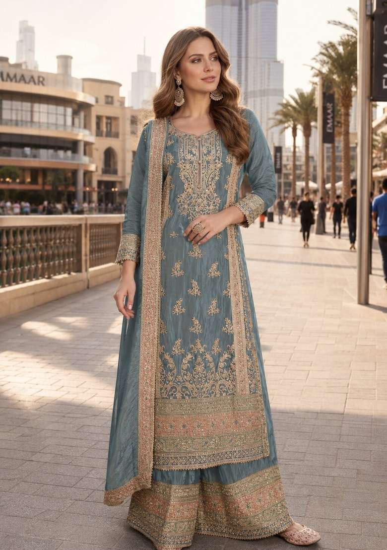 Grey Embroidered Silk Pakistani Suit - Indya