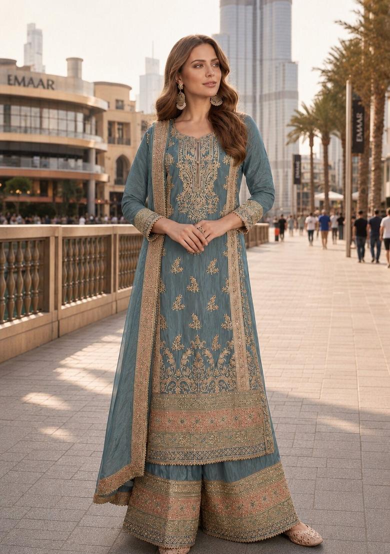 Grey Embroidered Silk Pakistani Suit - Indya