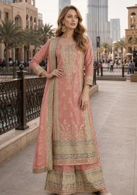 Peach Embroidered Silk Pakistani Suit