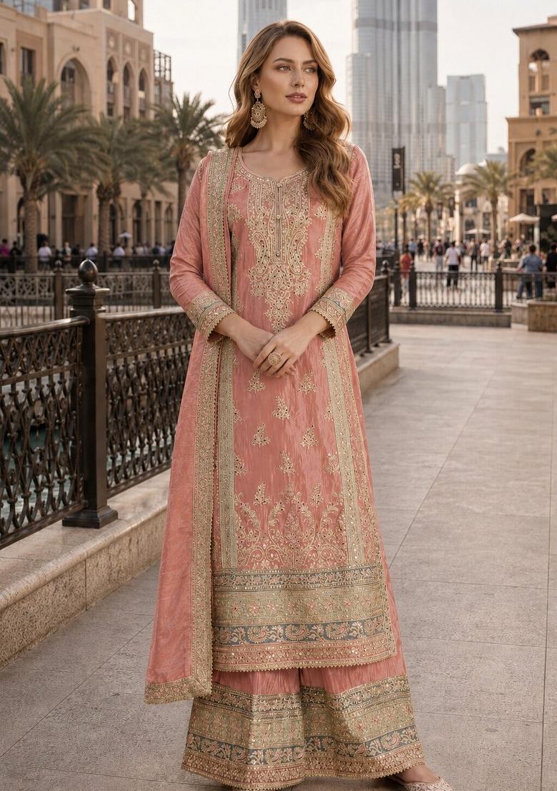 Peach Embroidered Silk Pakistani Suit - Indya