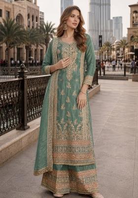 Sea Green Embroidered Silk Pakistani Suit