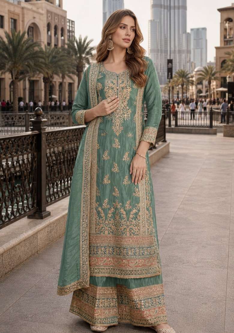 Sea Green Embroidered Silk Pakistani Suit - Indya