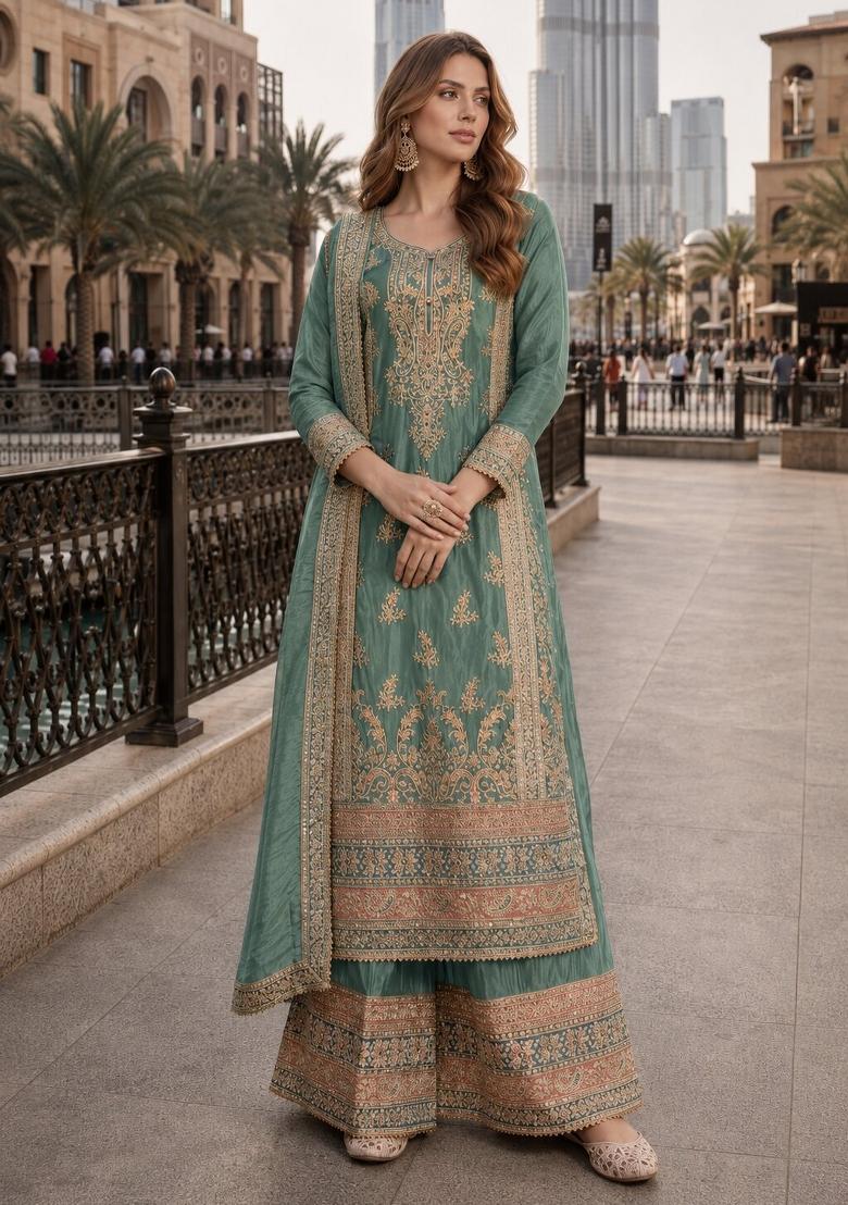 Sea Green Embroidered Silk Pakistani Suit - Indya