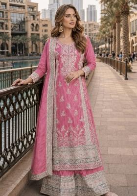 Dark Peach Embroidered Silk Pakistani Suit