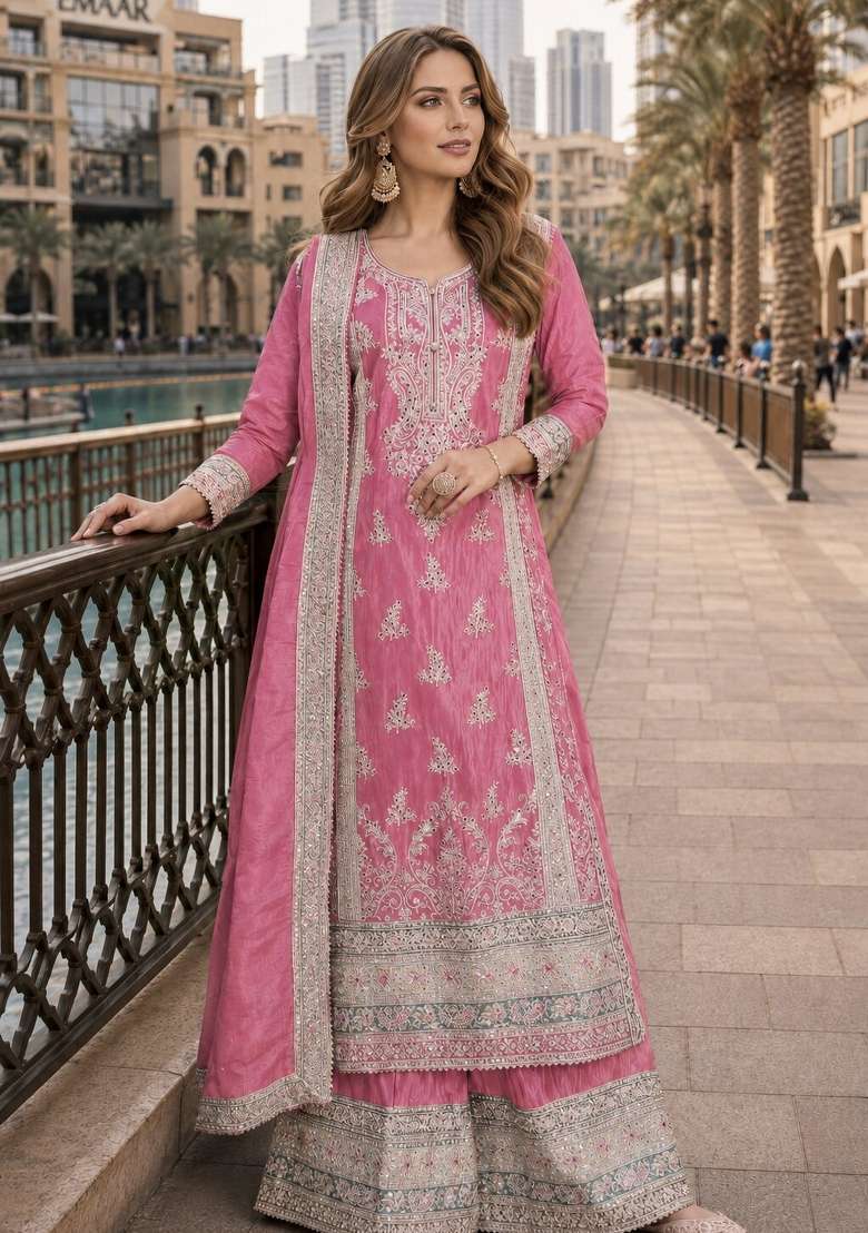 Dark Peach Embroidered Silk Pakistani Suit - Indya