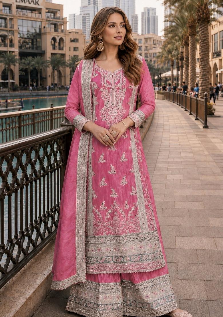 Dark Peach Embroidered Silk Pakistani Suit - Indya