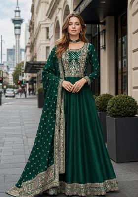 Green Embroidered Silk Blend Anarkali Set