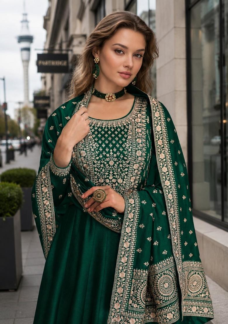 Green Embroidered Silk Blend Anarkali Set - Indya