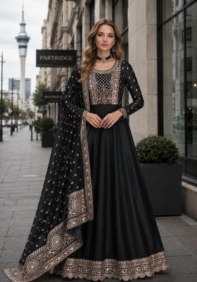 Black Embroidered Silk Blend Anarkali Set