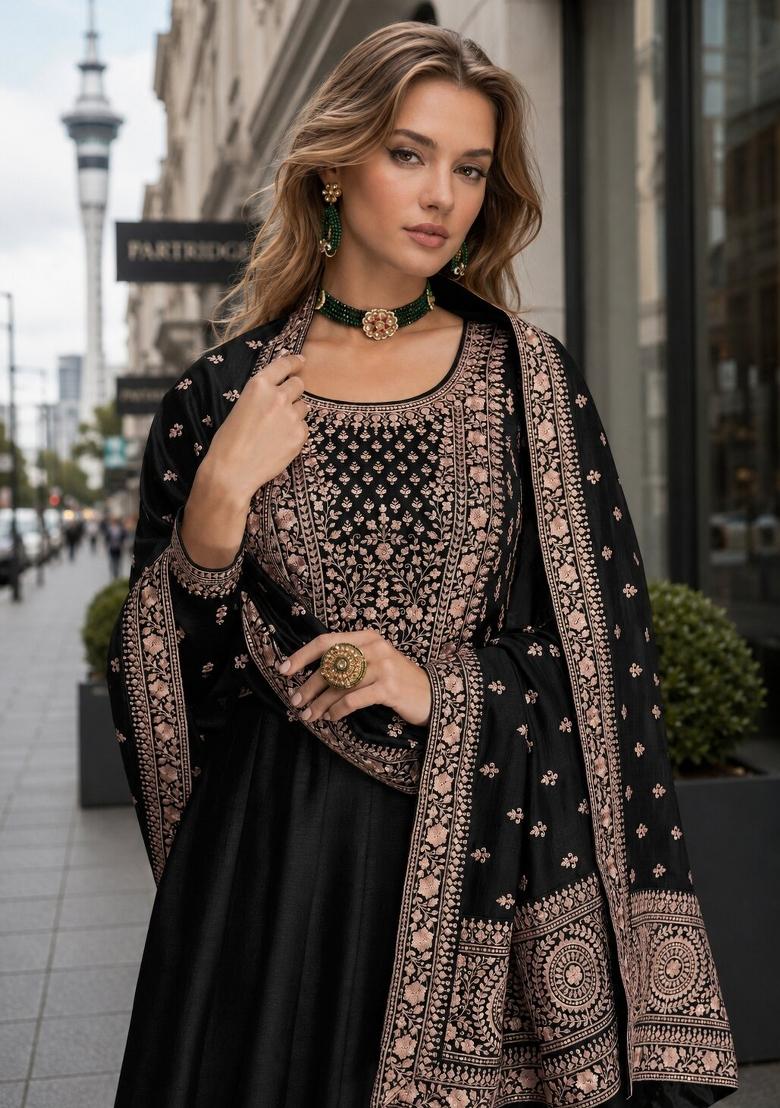 Black Embroidered Silk Blend Anarkali Set - Indya