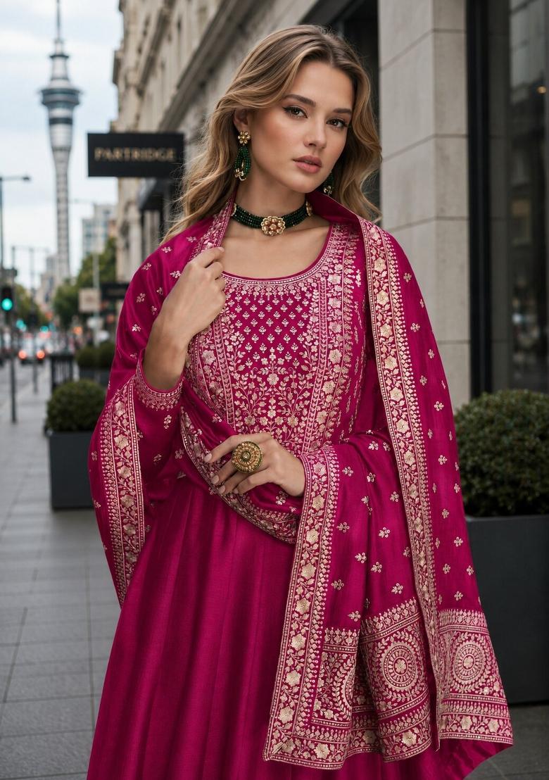 Pink Embroidered Silk Blend Anarkali Set - Indya