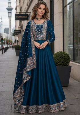 Navy Blue Embroidered Silk Blend Anarkali Set