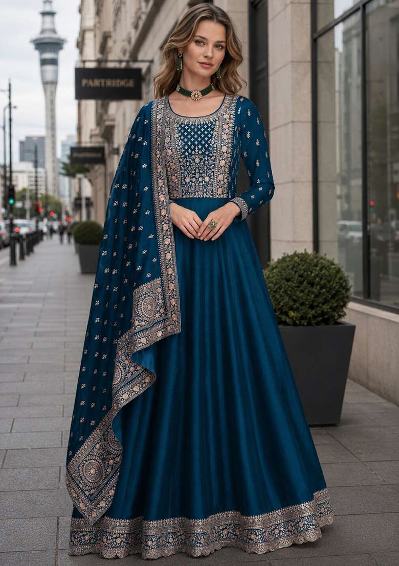 Navy Blue Embroidered Silk Blend Anarkali Set - Indya