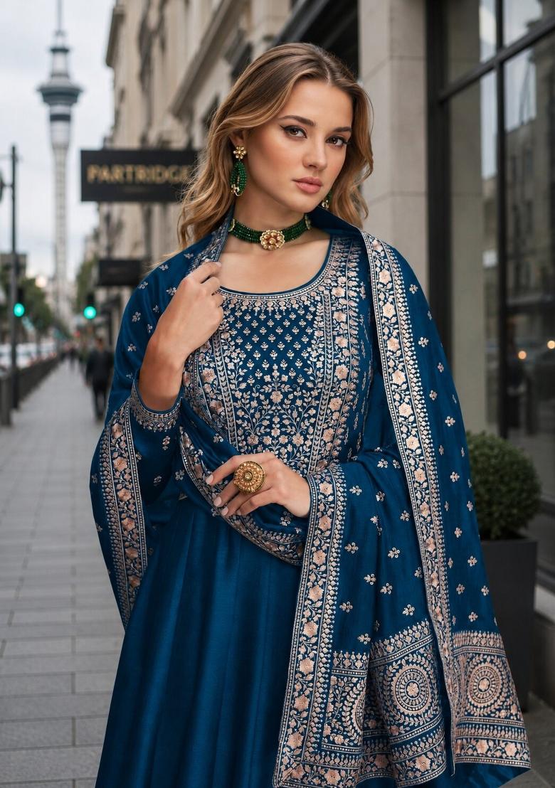 Navy Blue Embroidered Silk Blend Anarkali Set - Indya