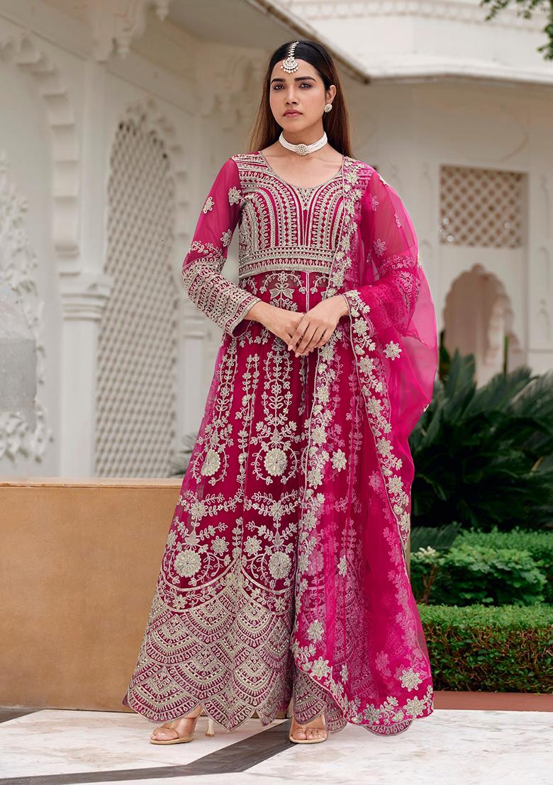 Pink Sequin Work Net Kurta Set - Indya
