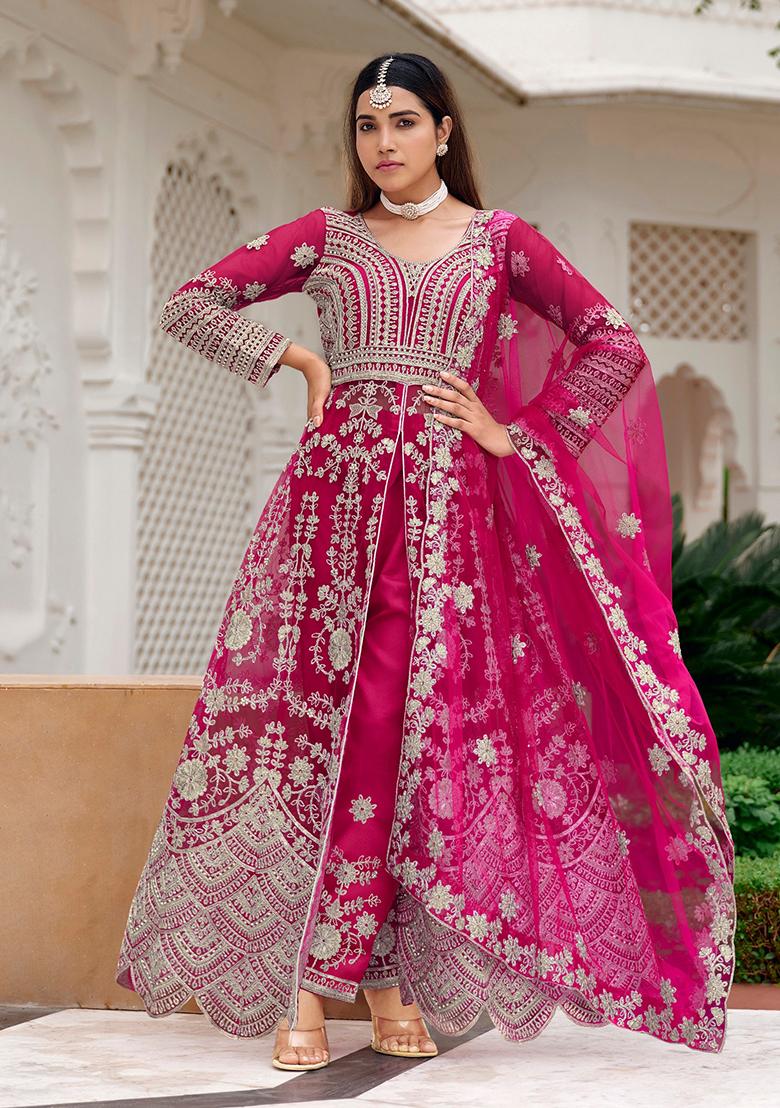 Pink Sequin Work Net Kurta Set - Indya