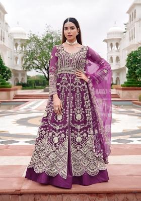Purple Sequin Work Net Kurta Set