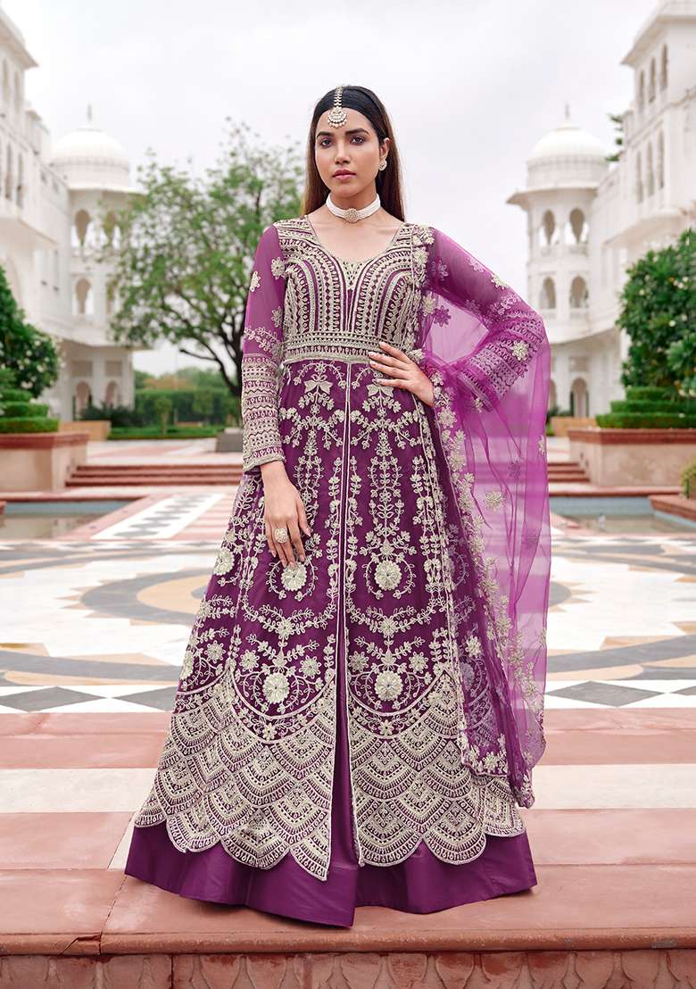 Purple Sequin Work Net Kurta Set - Indya