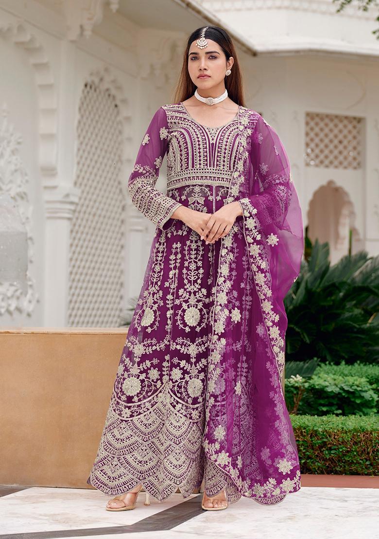 Purple Sequin Work Net Kurta Set - Indya