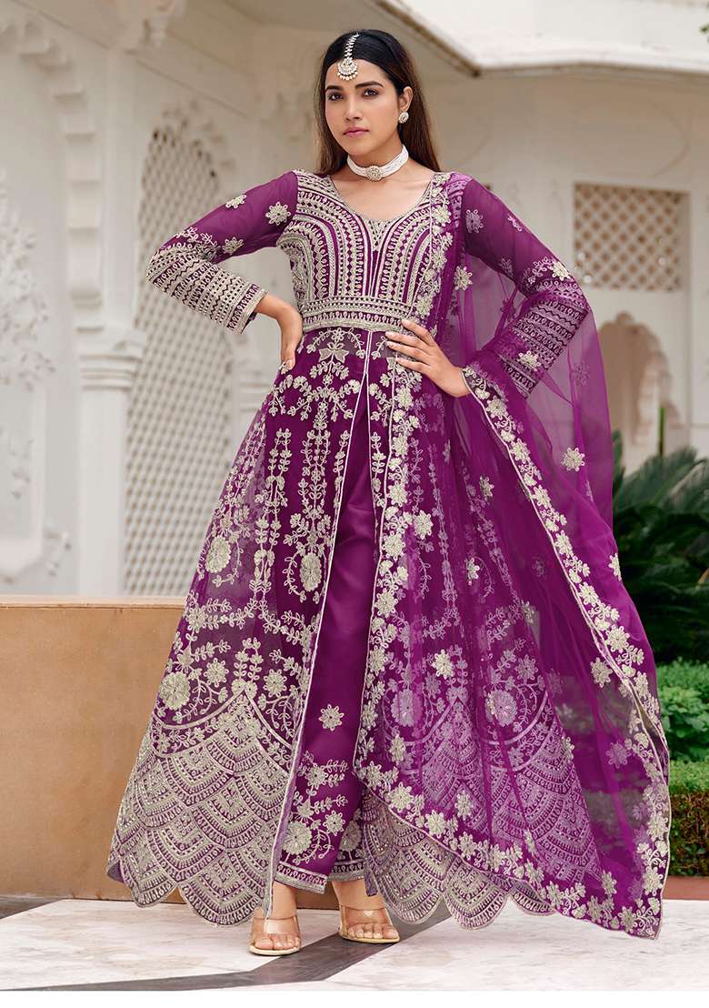 Purple Sequin Work Net Kurta Set - Indya