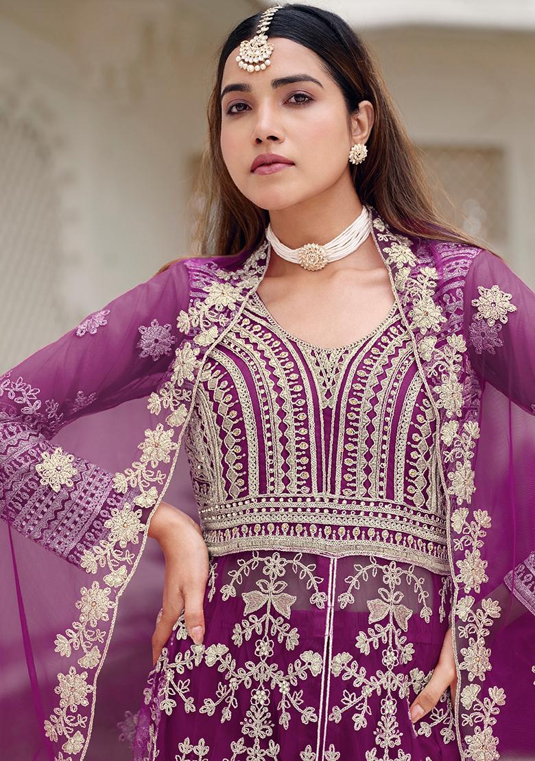 Purple Sequin Work Net Kurta Set - Indya