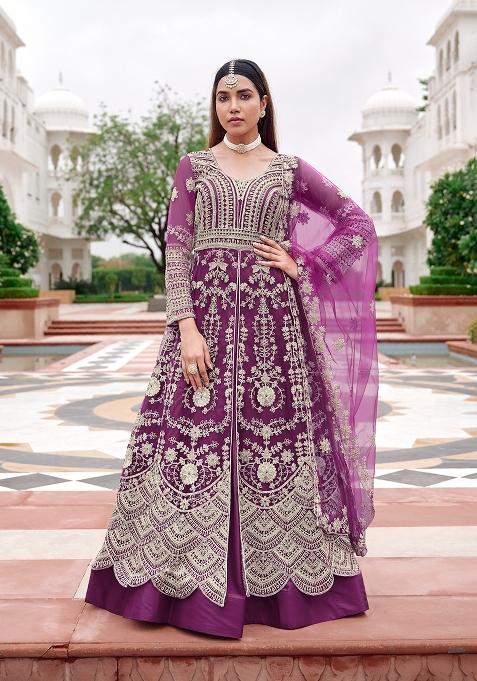 Purple Sequin Work Net Kurta Set