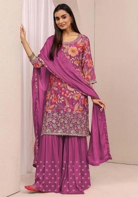 Rani Pink Embroidered Silk Blend Kurta Set