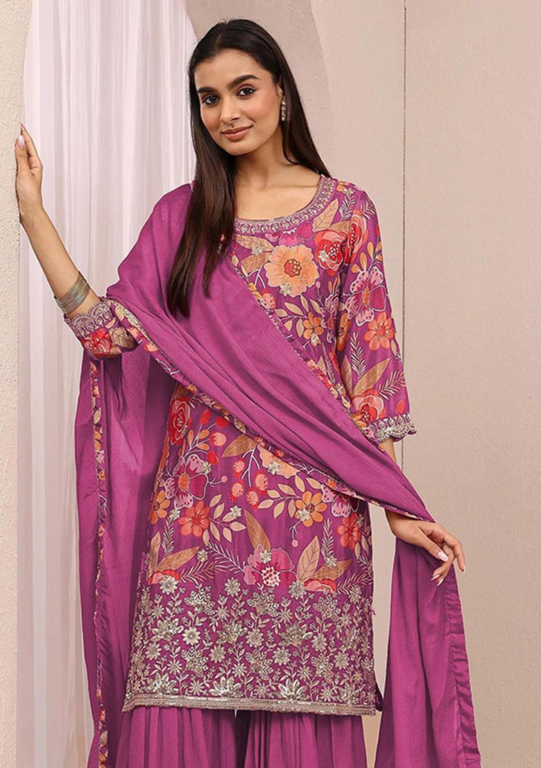 Rani Pink Embroidered Silk Blend Kurta Set - Indya
