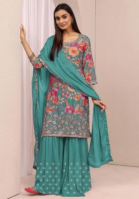 Blue Embroidered Silk Blend Kurta Set