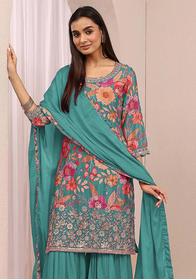Blue Embroidered Silk Blend Kurta Set - Indya