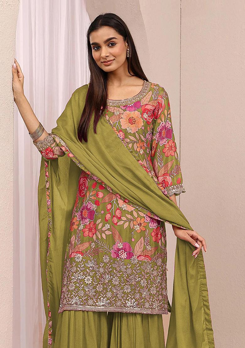 Mustard Embroidered Silk Blend Kurta Set - Indya