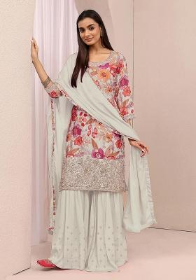 White Embroidered Silk Blend Kurta Set