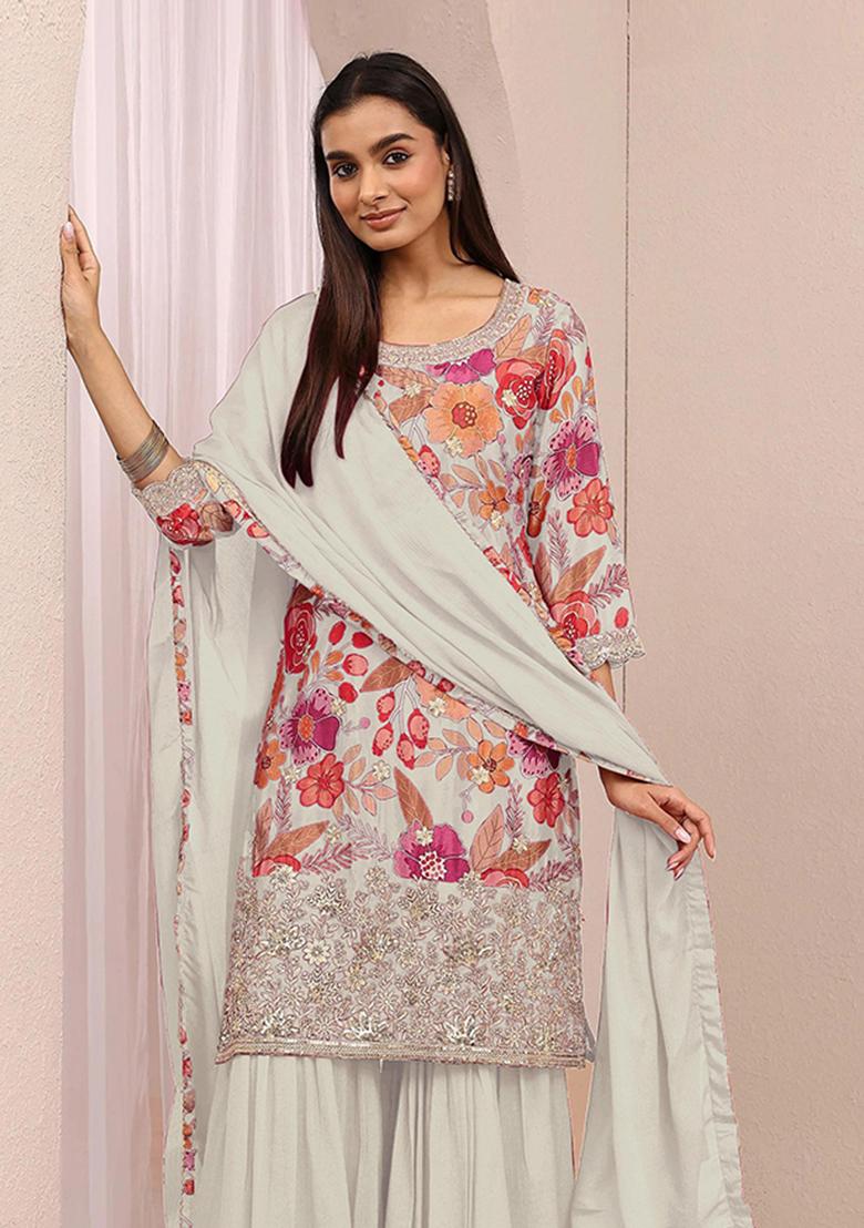 White Embroidered Silk Blend Kurta Set - Indya