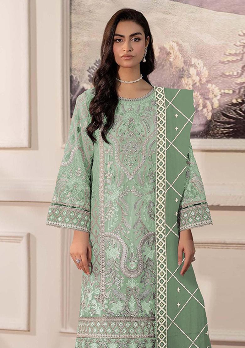 Sea Green Embroidered Chiffon Kurta Set - Indya