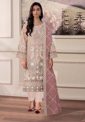 Peach Embroidered Chiffon Kurta Set
