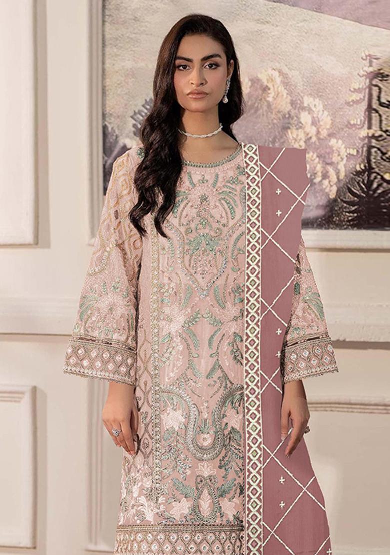 Peach Embroidered Chiffon Kurta Set - Indya
