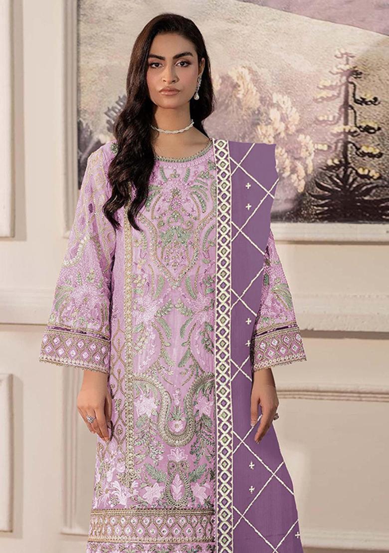 Lavender Embroidered Chiffon Kurta Set - Indya