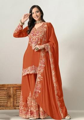 Orange Embroidered Silk Blend Kurta Set