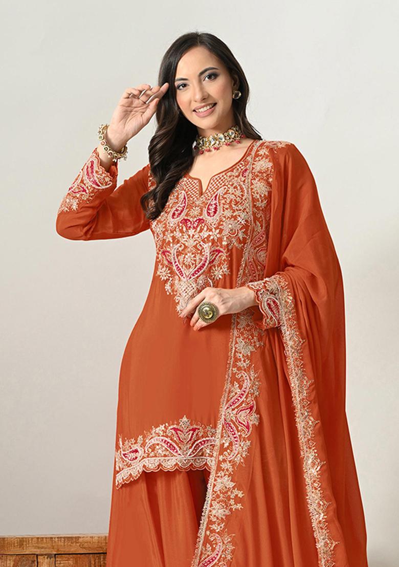 Orange Embroidered Silk Blend Kurta Set - Indya