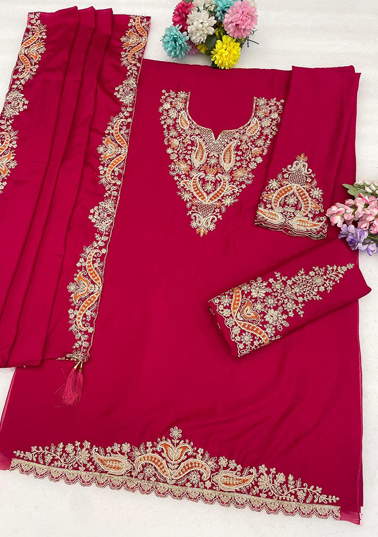Red Embroidered Silk Blend Kurta Set - Indya