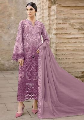 Purple Embroidered Chiffon Kurta Set