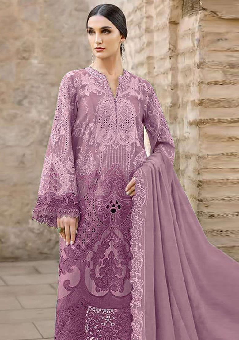 Purple Embroidered Chiffon Kurta Set - Indya