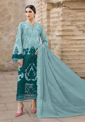 Blue Embroidered Chiffon Kurta Set