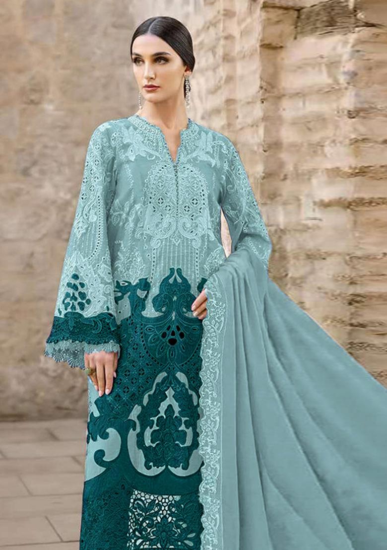 Blue Embroidered Chiffon Kurta Set - Indya