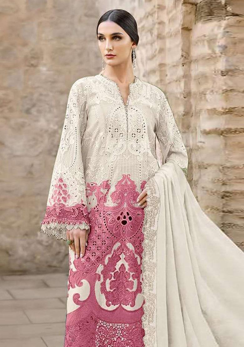 White Embroidered Chiffon Kurta Set - Indya