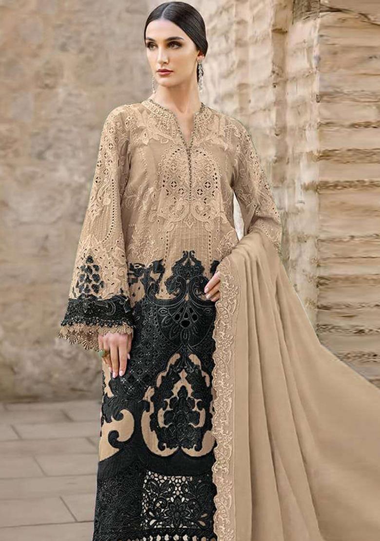 Brown Embroidered Chiffon Kurta Set - Indya