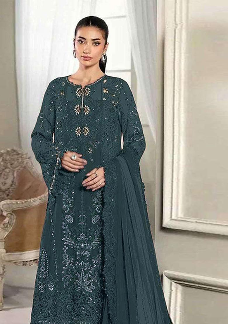 Dark Emerald Embroidered Silk Blend Kurta Set - Indya