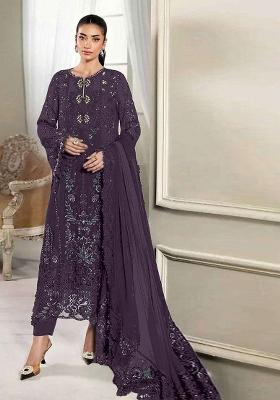 Dark Purple Embroidered Silk Blend Kurta Set