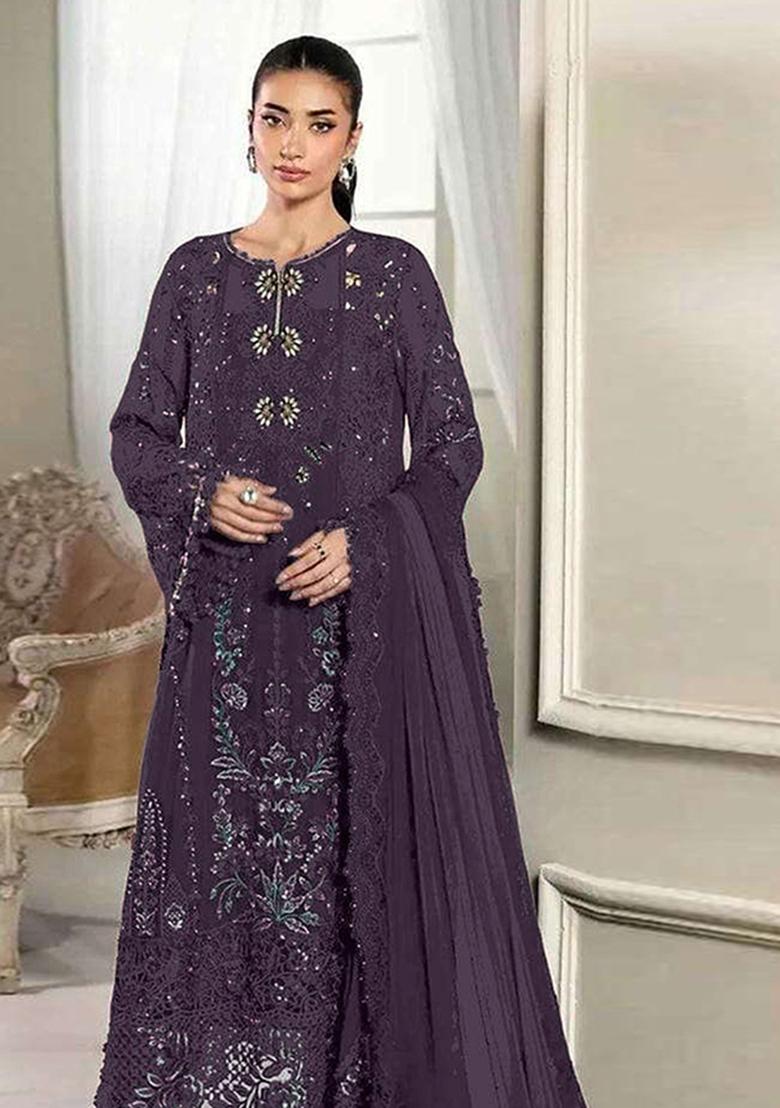 Dark Purple Embroidered Silk Blend Kurta Set - Indya